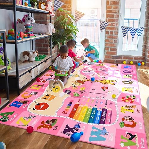 Large Playroom Rug Daycare Kids Rug 7x10,Educational and Fun Nursery Rug with ABC Alphabet Animals Classroom Rug Washable Kids Play Mat Baby Toddler Children Girls Rugs for Bedroom,Beige - Jamouz