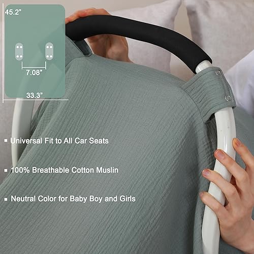 100% Muslin Cotton Car Seat Cover Baby, Carseat Canopy Cover, Universal Fit Stroller Covers for Boys and Girls (Roman Green) - Jamouz