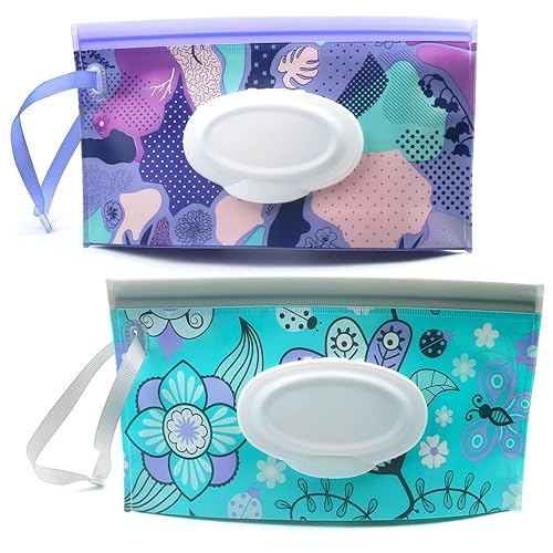 Baby Wipe Dispenser,Portable Refillable Wipe Holder Wipe Dispenser Bag Reusable Travel Wet Wipe Pouch (blue purple) - Jamouz