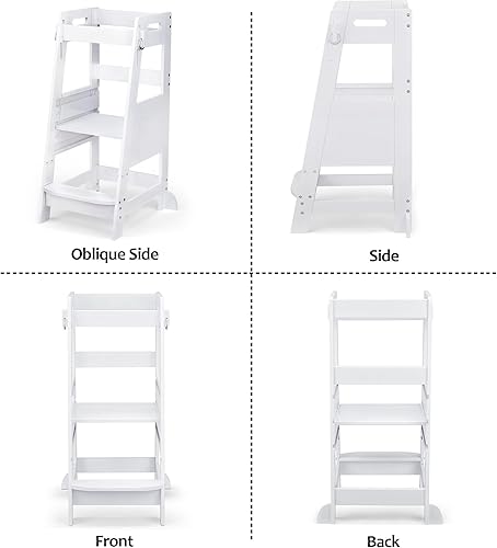 TOETOL Bamboo Toddler Kitchen Step Stool White Helper Standing Tower Height Adjustable with Anti-Slip Protection for Kids Kitchen Counter Learning - Jamouz