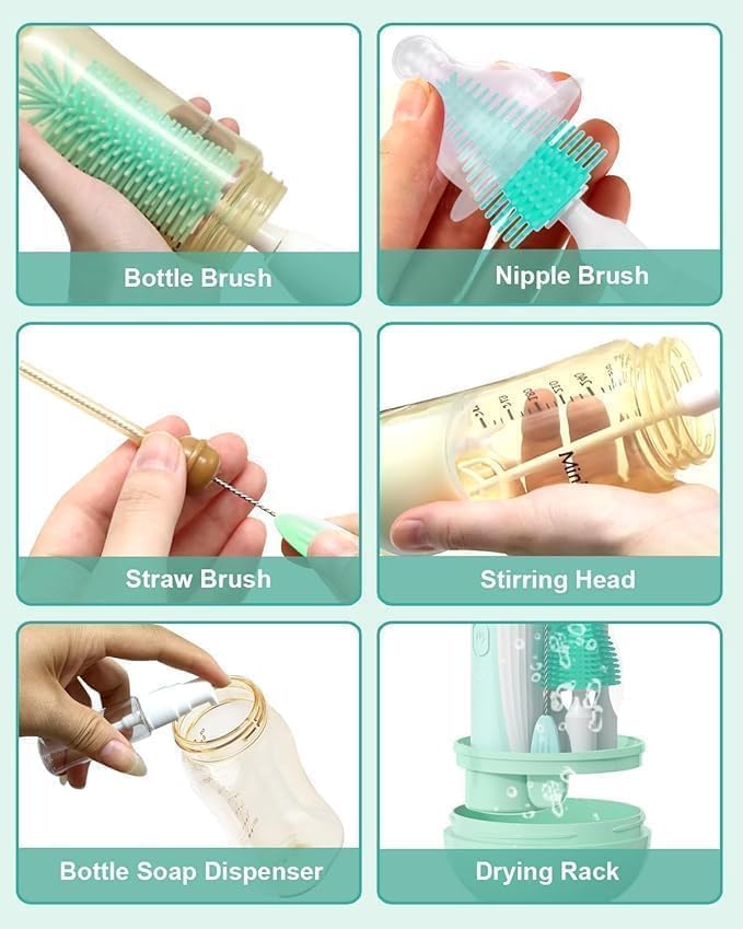 Electric Bottle Brush Cleaner, Rechargable Electric Baby Bottle Brush Cleaner with Nipple & Straw Brush, Travel Baby Bottle Brush with Drying Rack, Perfect Essentials for Mom After Birth, Green - Jamouz
