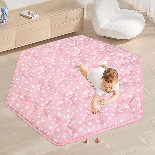 Hexagon Mat Princess Tent Rug, Plush Soft Playpen Mat Fitted for Monobeach Princess Castle, Non Slip Pink Star Nursery Rug for Baby Girl Room Decor, 55' L x 47' W - Jamouz