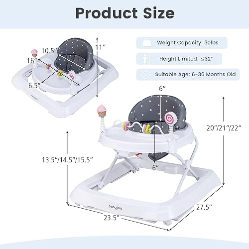 BABY JOY Baby Walker, Foldable Activity Walker Helper with Adjustable Height, Baby Activity Walker with High Back Padded Seat & Bear Toys (Gray, Star Pattern) - Jamouz
