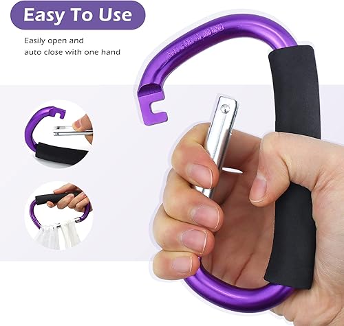 JIALEEY Strong Large Durable Buggy Carabiner Stroller Hooks Mummy Clip Pram Pushchair Grocery or Shopping and Plastic Bags Holder, 2 Pack Purple - Jamouz
