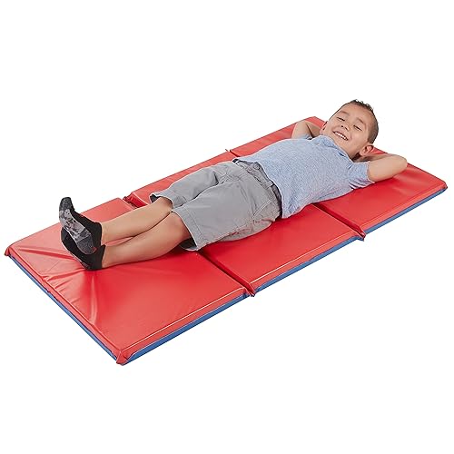 ECR4Kids Premium Folding Rest Mat, 3-Section, 2in, Sleeping Pad, Blue/Red, 5-Pack - Jamouz