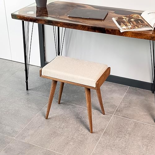 Walnut Ottoman Stool for Living Room | Upholstered in Crowbar Pattern Fabric | Versatile as a Piano Bench | Ideal Bedroom Bench | Functional Footstool Bench - Jamouz