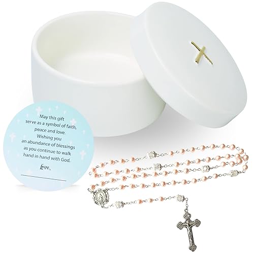 Sweet Treasures Gift – Baptism Gifts for Boys, First Rosary with Ceramic Keepsake Box and Card, Catholic Communion Gift, Christening and Baby Shower Rosary Beads, Blue - Jamouz