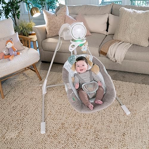Ingenuity InLighten 5-Speed Baby Swing - Swivel Infant Seat, 5 Point Safety Harness, Nature Sounds, Lights - Nally Owl - Jamouz