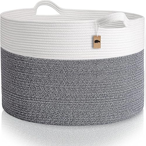 Little Hippo XXXL Large Cotton Rope Basket (22'x14') 100% Natural Cotton! Rope Basket, Woven Storage Basket, Large Basket, Blanket Basket Living Room, Toy Basket, Pillow Basket (White & Brown) - Jamouz