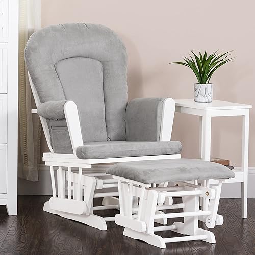 Child Craft Glider Rocker & Ottoman Set, Thick Padded Cushions, Storage Pockets, Solid Wood Base (Matte White & Gray) - Jamouz