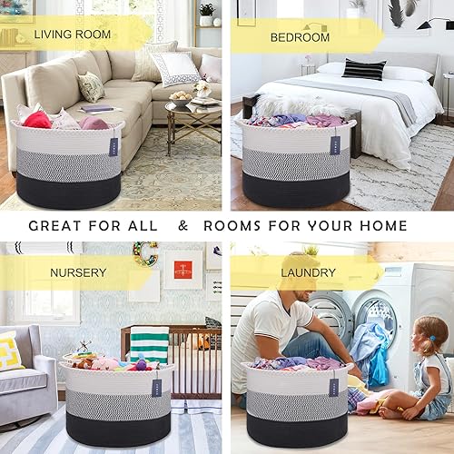 COMSE Extra Large Blanket Basket, Storage Basket, Laundry Basket, 21.7”x 13.8”, Laundry Hamper, Cotton Rope Basket, Blanket Basket Living Room, Toy Basket (White & Cadet Blue & Navy Blue) - Jamouz