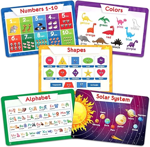 Simply Magic 5 Placemats for Kids - Kids Placemats Non Slip, Washable Reusable Toddler Placemats, Educational Placemats: Alphabet ABC, Shapes, Colors, Numbers, Solar System, Plastic Placemats for Kids - Jamouz