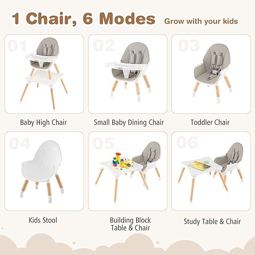 BABY JOY 5 in 1 High Chair, Convertible High Chairs for Babies and Toddlers/Booster Seat/Table and Chair Set, Infant Wooden Highchair w/ 5-Point Harness, 4-Position Removable Tray & PU Cushion, Coffee - Jamouz