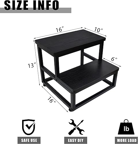 Step Stool, Bedside Steps for High Beds with Round Corners, 2 Steps Footstool for Adults, Metal and Wood Stepping Stool for Kitchen Bedroom, Load 500 LB, Black - Jamouz