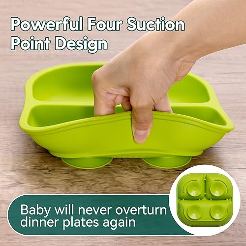 BABELIO Powerful Suction Plates for Baby and Toddler, 100% Food Grand Silicone, Divided, BPA Free, Microwave & Dishwasher Safe, Stay Put, 3 Pack - Jamouz