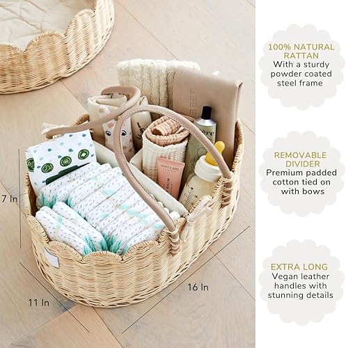 Premium Baby Diaper Caddy Organizer - Handmade & Award-Winning Scalloped Rattan Basket - Luxury Diaper Caddy Basket - Elegant Scalloped Edge (Natural) - Jamouz