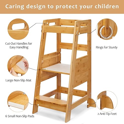 TOETOL Bamboo Toddler Kitchen Step Stool White Helper Standing Tower Height Adjustable with Anti-Slip Protection for Kids Kitchen Counter Learning - Jamouz