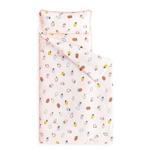 Wake In Cloud - Toddler Nap Mat with Pillow and Blanket, for Kids Girls in Kindergarten Daycare Preschool Pre K, Roll Up Sleeping Bag, Cute Kawaii Strawberry, Light Pink, Standard - Jamouz