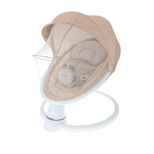 Nuby Baby Swing with Canopy and Remote - 5-Level Infant Swing with Soothing Sounds and Mobile App Control - 0-9 Months - Tan - Jamouz