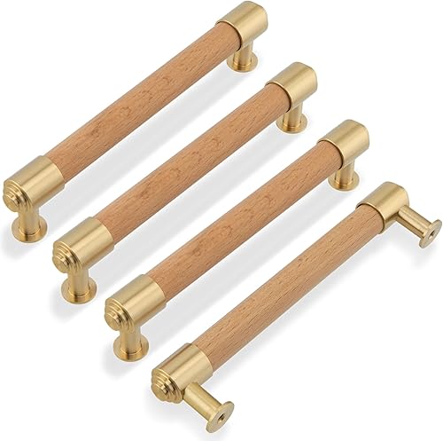 Modern Mid Century Brass and Wood Cabinet Pulls 3 Inch Center to Center Hole 4Pack Kitchen Drawer Handle Unfinished Dresser Knob for Closet Cupboard Wardrobe Brushed Finish - Jamouz
