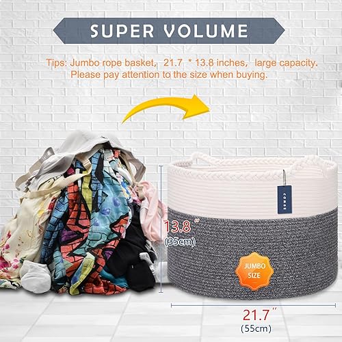 COMSE Extra Large Blanket Basket, Storage Basket, Laundry Basket, 21.7”x 13.8”, Laundry Hamper, Cotton Rope Basket, Blanket Basket Living Room, Toy Basket (White & Cadet Blue & Navy Blue) - Jamouz