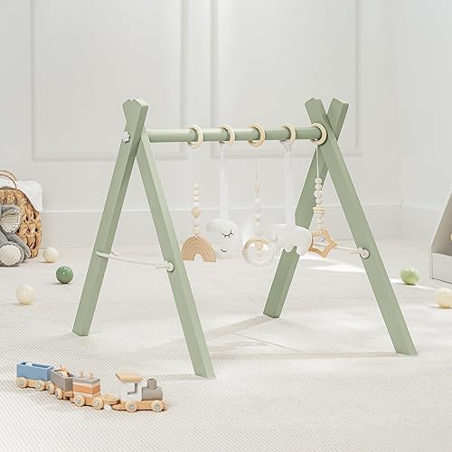 Comfy Cubs Baby Play Gym Set, Wooden Baby Playgym, Interactive Activity Center Hanging Bar with Gym Toys, Foldable for Infants, Newborn Gift for Baby Girl and Boy (Natural Wood) - Jamouz