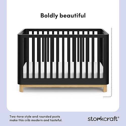 Storkcraft Santos 3-in-1 Convertible Crib (White with Natural) – GREENGUARD Gold Certified, Fits Standard Crib Mattress, Converts to Toddler Bed, Modern Style, Rounded Designer Details - Jamouz