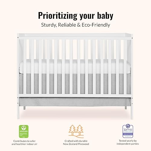 Synergy 5-In-1 Convertible Crib In White, made of New Zealand Pine wood, JPMA & Greenguard Gold Certified, features 3 mattress height settings - Jamouz
