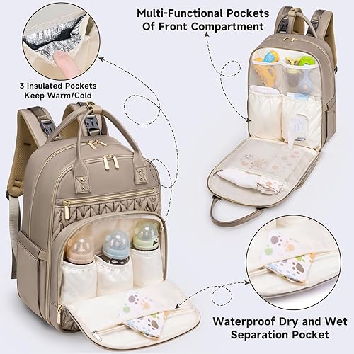 Diaper Bag Backpack,Stylish Baby Diaper Bag,Waterproof Travel Diaper Backpacks Baby Bags with Changing Pad,Stroller Straps,Insulated Pockets (Khaki) - Jamouz