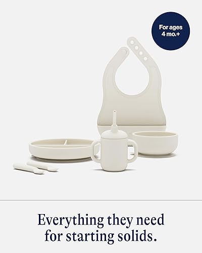 Lalo First Bites Silicone Baby Feeding Set - Baby Led Weaning Supplies - Non-Toxic Silicone - Includes 2 Bibs, 2 Spoons, Training Cup, Suction Plate and Bowl - 6 Pieces - Sage - Jamouz