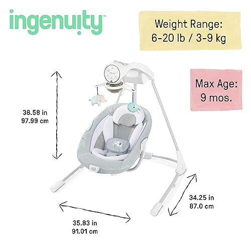 Ingenuity InLighten 5-Speed Baby Swing - Swivel Infant Seat, 5 Point Safety Harness, Nature Sounds, Lights - Nally Owl - Jamouz