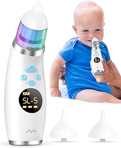 Electric Nasal Aspirator for Toddler with 5 Levels, Automatic Baby Nose Sucker with 3 Tips, Self-Cleaning, Music and Light Function, Blue - Jamouz