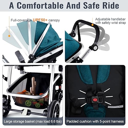 Baby Stroller, 2-in-1 Reversible Stroller with Bassinet Mode, Foldable Infant Stroller with Canopy, One Button Brake, Adjustable Handle, Newborn Stroller (Gray) - Jamouz