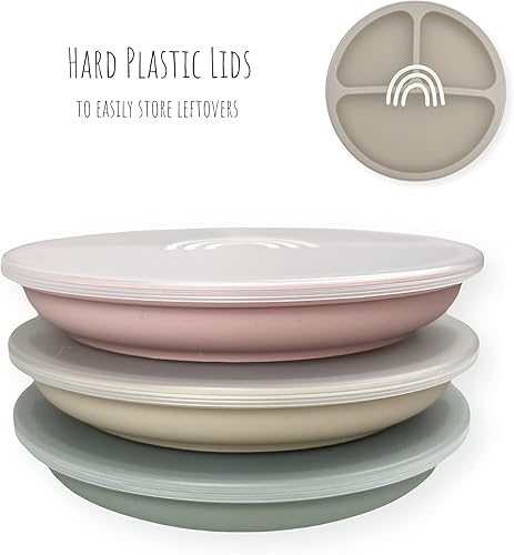 Hippypotamus Toddler Plates with Suction - 100% Food-Grade Silicone Baby Plates - Microwave & Dishwasher Safe - BPA Free - Set of 3 (Sage/Blush/Nude) - Jamouz