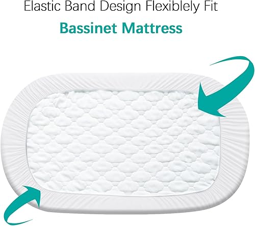 Bassinet Mattress Pad Cover Waterproof, Quilted Mattress Protector Sheets Fits All Mainstream Bassinet - Rectangle, Oval, Hourglass, 2 Pack, Ultra Soft Breathable, White and Grey - Jamouz