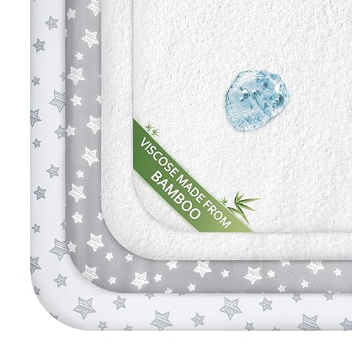 Pack and Play Sheets & Waterproof Terry Pack N Play Mattress Protector Pad Cover 4 Pack, Viscose Made from Bamboo Pack N Play Sheets Set, Grey & Navy - Jamouz