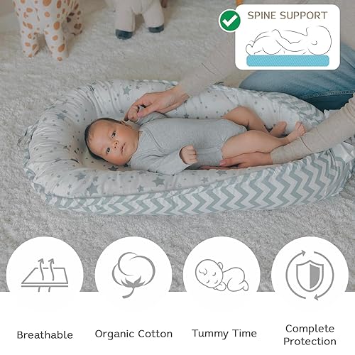 Baby Nest, Baby Lounger, Organic Cotton Lounger for Baby, Reversible Breathable Adjustable Portable - Star Collection (Tan) - Jamouz