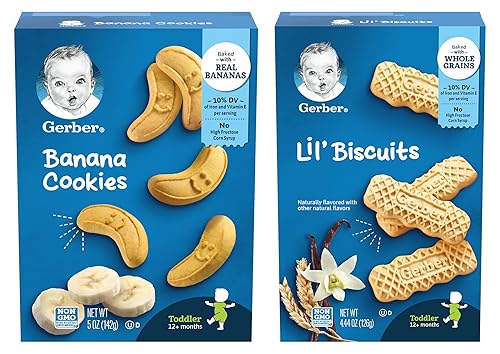 Gerber Toddler Snacks Variety Pack, 1 Box of Banana Cookies for Toddlers (5 oz) & 1 Box of Lil’ Biscuits for Toddlers (4.44 oz), Pack of 2 - Jamouz