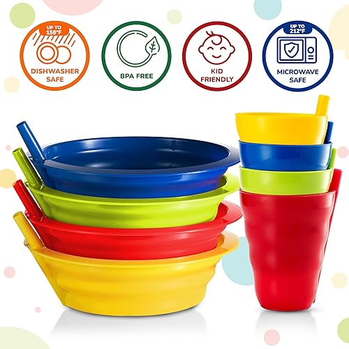 Cereal Bowls with Straws & Kids Straw Cups - Set of 4 Kids Plastic Bowls with Straws & 4 Straw Cups for Kids BPA Free Dishwasher Safe Kids Bowls with Built-In Straw Include 3 Cleaning Brushes - Jamouz