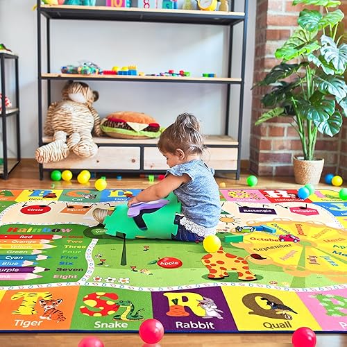 Large Playroom Rug Daycare Kids Rug 7x10,Educational and Fun Nursery Rug with ABC Alphabet Animals Classroom Rug Washable Kids Play Mat Baby Toddler Children Girls Rugs for Bedroom,Beige - Jamouz