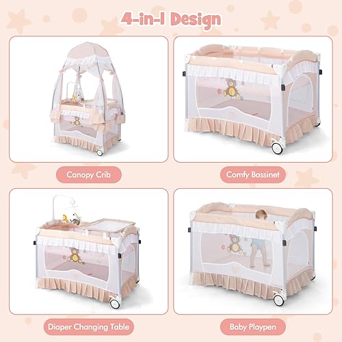 BABY JOY 4 in 1 Pack and Play with Canopy, Portable Baby Playard with Bassinet, Double-Layer Baby Crib, Wheels & Brake, Foldable Baby Girl Pink Bassinet from Newborn to Toddler - Jamouz