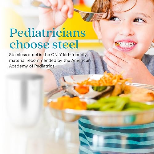 Ahimsa Stainless Steel Kids Dinnerware Set - 5 Piece Stainless Steel Toddler Plates and Bowls Set, Pediatrician Designed, Non Toxic Toddler Plate and Bowl, Kids Utensils and Cup (Rainbow) - Jamouz