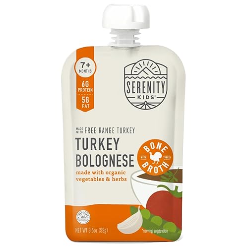 Serenity Kids Bone Broth Puree Made with Organic Veggies - Clean Label Project Purity Award Certified - 3.5 Ounce BPA-Free Pouch - Free Range Turkey Bolognese - 6 Count - Baby Food Turkey Bone Broth - Jamouz