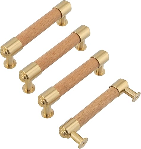 Modern Mid Century Brass and Wood Cabinet Pulls 3 Inch Center to Center Hole 4Pack Kitchen Drawer Handle Unfinished Dresser Knob for Closet Cupboard Wardrobe Brushed Finish - Jamouz