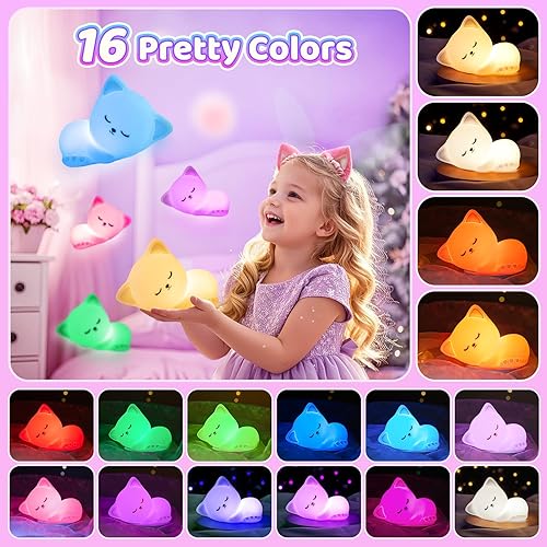 Night Light for Kids,16Colors Cat Night Light for Kids Cute Lamp,Dimmable Toddler Night Light for Kids,Soft Silicone Nightlight for kids room,Rechargeable Night Light for Kids Nightlight for Kids Room - Jamouz
