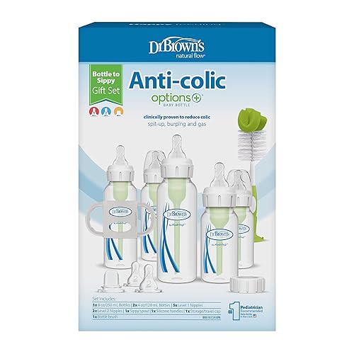 Dr. Brown's Natural Flow® Anti-Colic Options+™ Narrow Bottle to Sippy Gift Set with Soft Silicone Sippy Spout, Removable Silicone Handles, Travel Cap and Bottle Brush - Jamouz