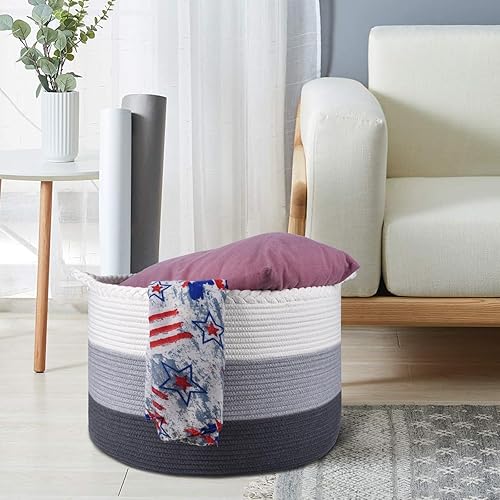 COMSE Extra Large Blanket Basket, Storage Basket, Laundry Basket, 21.7”x 13.8”, Laundry Hamper, Cotton Rope Basket, Blanket Basket Living Room, Toy Basket (White & Cadet Blue & Navy Blue) - Jamouz