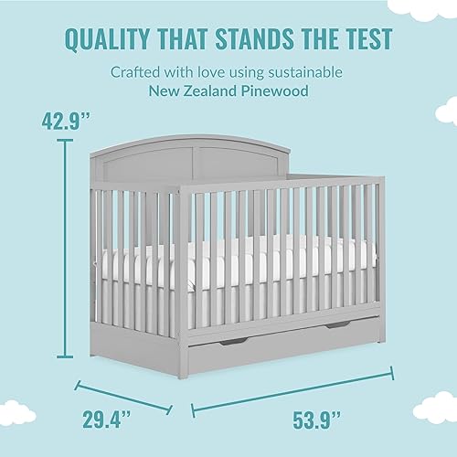 Storybrooke 5 in 1 Convertible Crib with Under Drawer in Pebble Grey, JPMA & Greenguard Gold Certified, Made of Sustainable Pinewood, Non-Toxic Water-Based Paint Finish - Jamouz