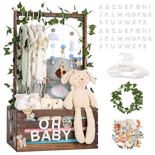 Baby Shower Gifts Basket Wooden Crate, Personalized Wooden Letters and Baby Clothes Hangers New Born Baby Girl Boy Gifts Vine Decorations Cute Closet with Handle Pregnancy Gifts for New Mom Parents - Jamouz