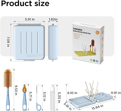 YOTIME Travel Bottle Brush, Travel Bottle Cleaner Kit with Foldable Bottle Drying Rack, for Visit Friends and Relations, Baby Travel Essentials, BPA Free, White - Jamouz